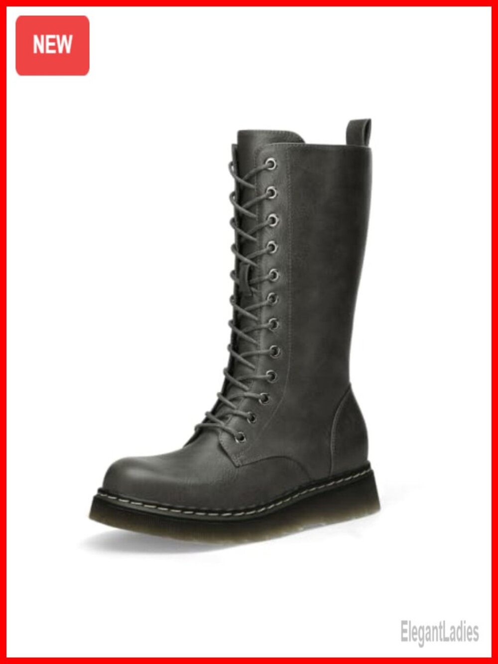 Lace Up Chunky Mid Calf Combat Boots with Side Zip Faux Leather